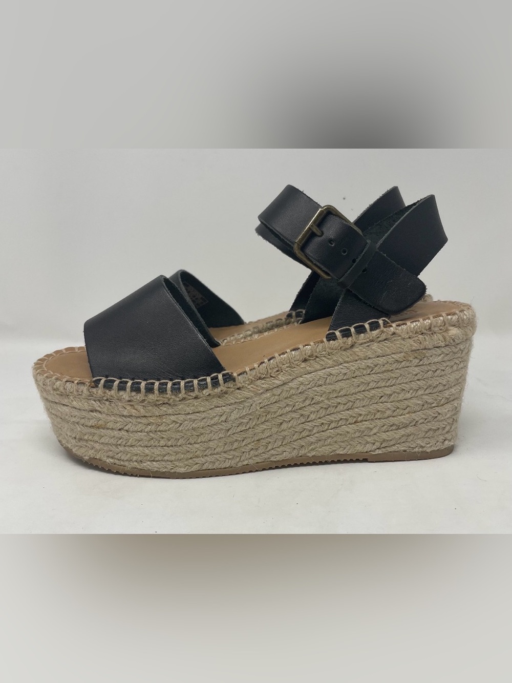 Soludos Women leather Black Espadrille Wedge Sandals with Ankle Buckle Size 7